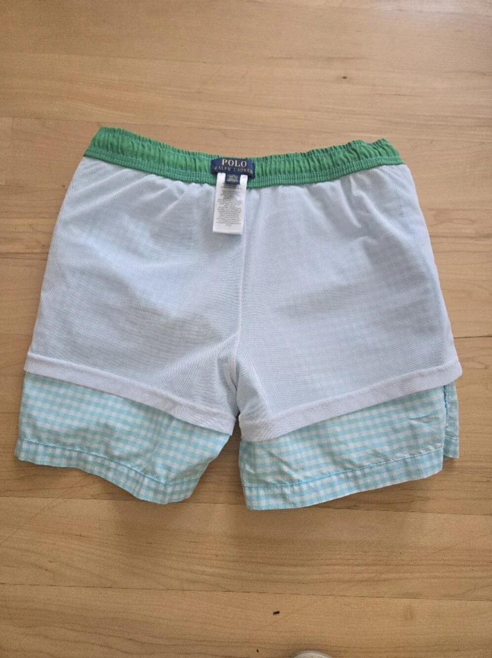 Polo by Ralph Lauren Boys Light Blue Gingham Swim Trunks with Green Trim